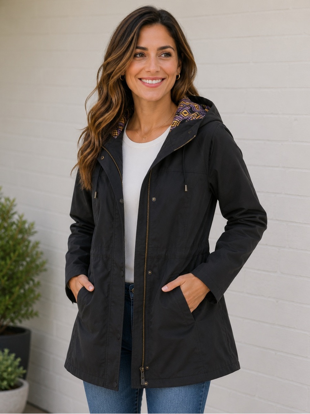 NWOT Pendleton Womens Black Hooded Rain Jacket Harding Pattern Lining Large